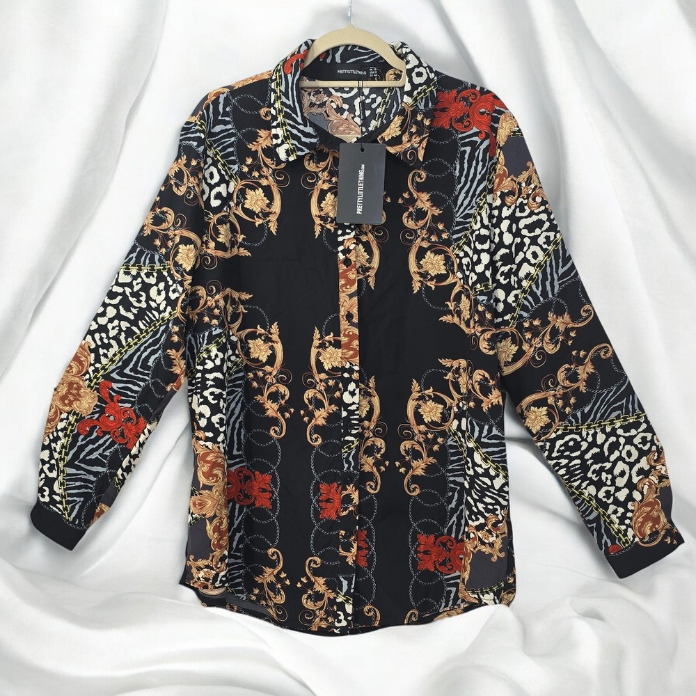 PrettyLittleThing Oversized Satin Shirt Button Up Mixed Print Woman 12 Black NWT